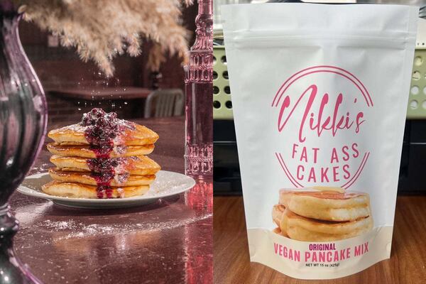 Use the vegan pancake mix from Nikki’s Fat Ass Cakes to make delicious pancakes at home. (Courtesy of Nikki’s Fat Ass Cakes/PBD Grey)