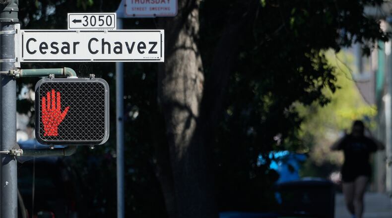 A César Chavez Street sign is shown in San Francisco, Wednesday, March 18, 2026. (AP Photo/Jeff Chiu)