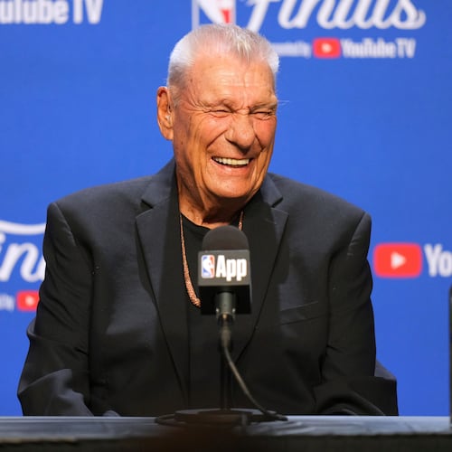 FILE - Chuck Daly Lifetime Achievement Award recipient Don Nelson speaks during a press conference before Game 2 of the NBA Finals basketball series against the Oklahoma City Thunder, June 8, 2025, in Oklahoma City. (AP Photo/Kyle Phillips, File)
