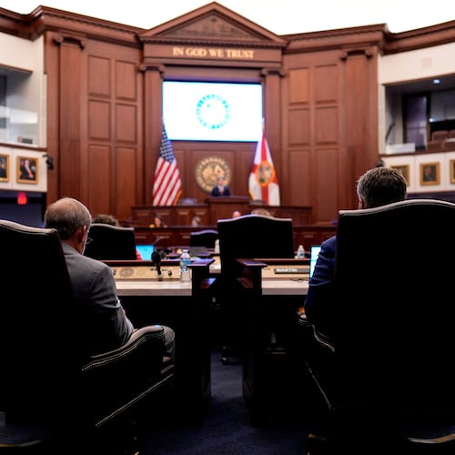 FILE - State Senators listen to debate on SB 8-D, a redistricting bill, during a special session of the Florida Legislature, April 29, 2026, in Tallahassee, Fla. (AP Photo/Mike Stewart, File)