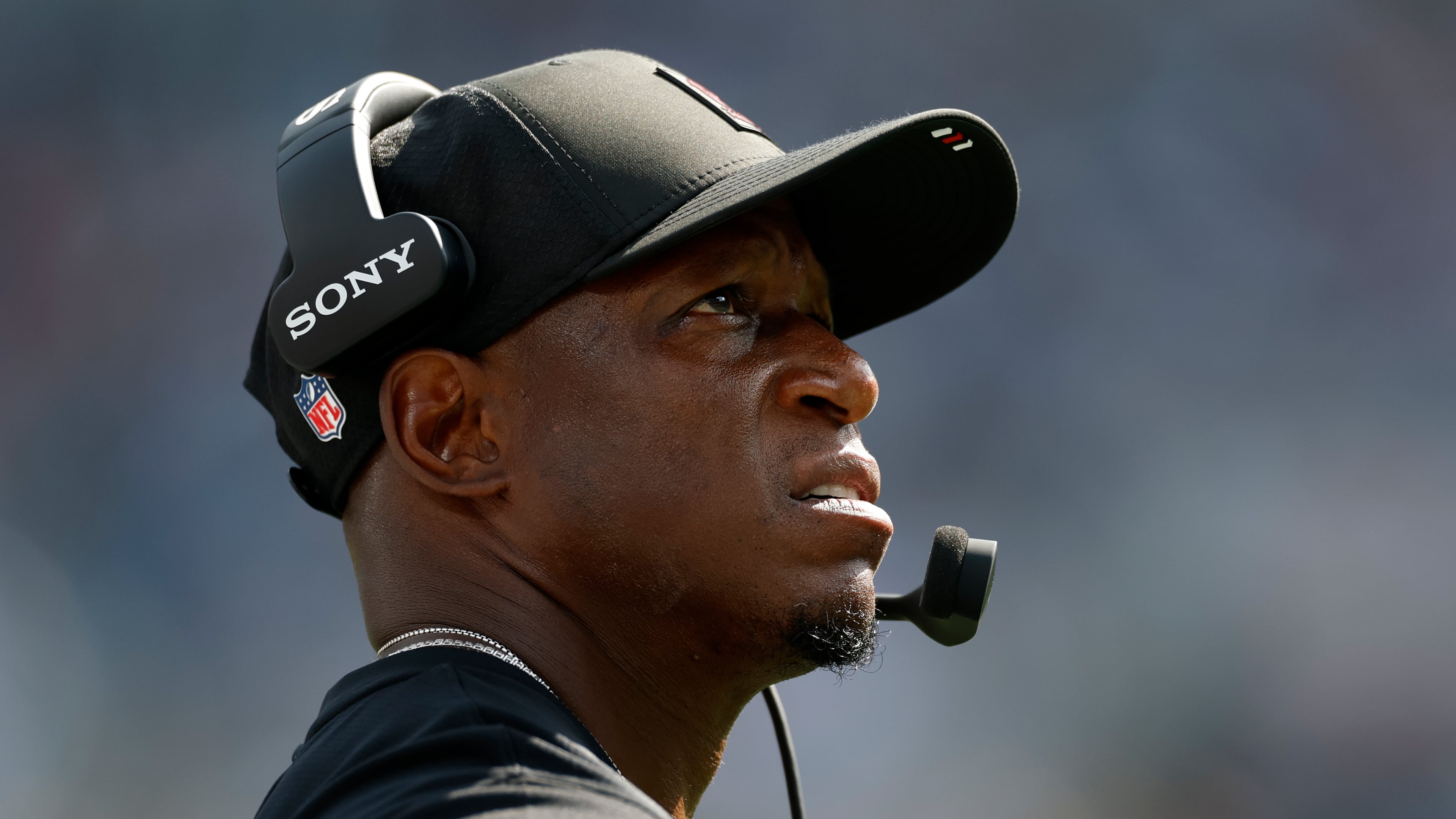 Falcons head coach Raheem Morris watches as his team fails to score against the Panthers on Sunday, Sept. 21, 2025, in Charlotte, N.C. Atlanta will next host the Washington Commanders at Mercedes-Benz Stadium on Sunday. (Rusty Jones/AP)