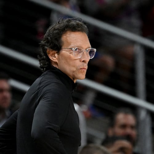 Atlanta Hawks coach Quin Snyder reacts during the first half of Game 6 of a first-round NBA playoff series at State Farm Arena on Thursday, April 30, 2026, in Atlanta. (Hyosub Shin/AJC)