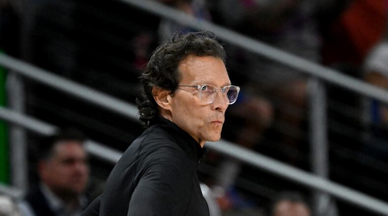 Atlanta Hawks coach Quin Snyder reacts during the first half of Game 6 of a first-round NBA playoff series at State Farm Arena on Thursday, April 30, 2026, in Atlanta. (Hyosub Shin/AJC)