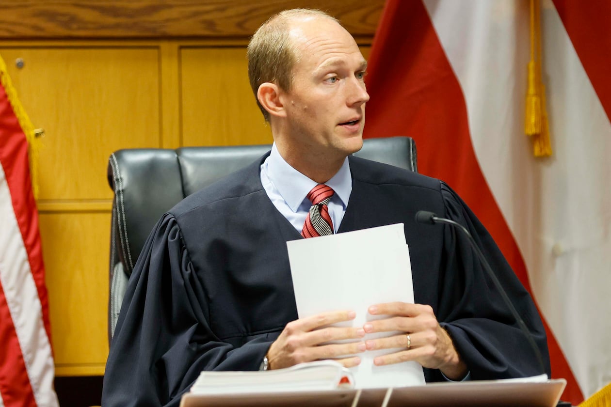 Fulton County Superior Court Judge Scott McAfee presides over the sentencing hearing of former APD officer Koby Minor, who killed Rginald Folks while operating a Lyft vehicle in May 2024. Tuesday, October 7, 2025. (Miguel Martinez/ AJC)