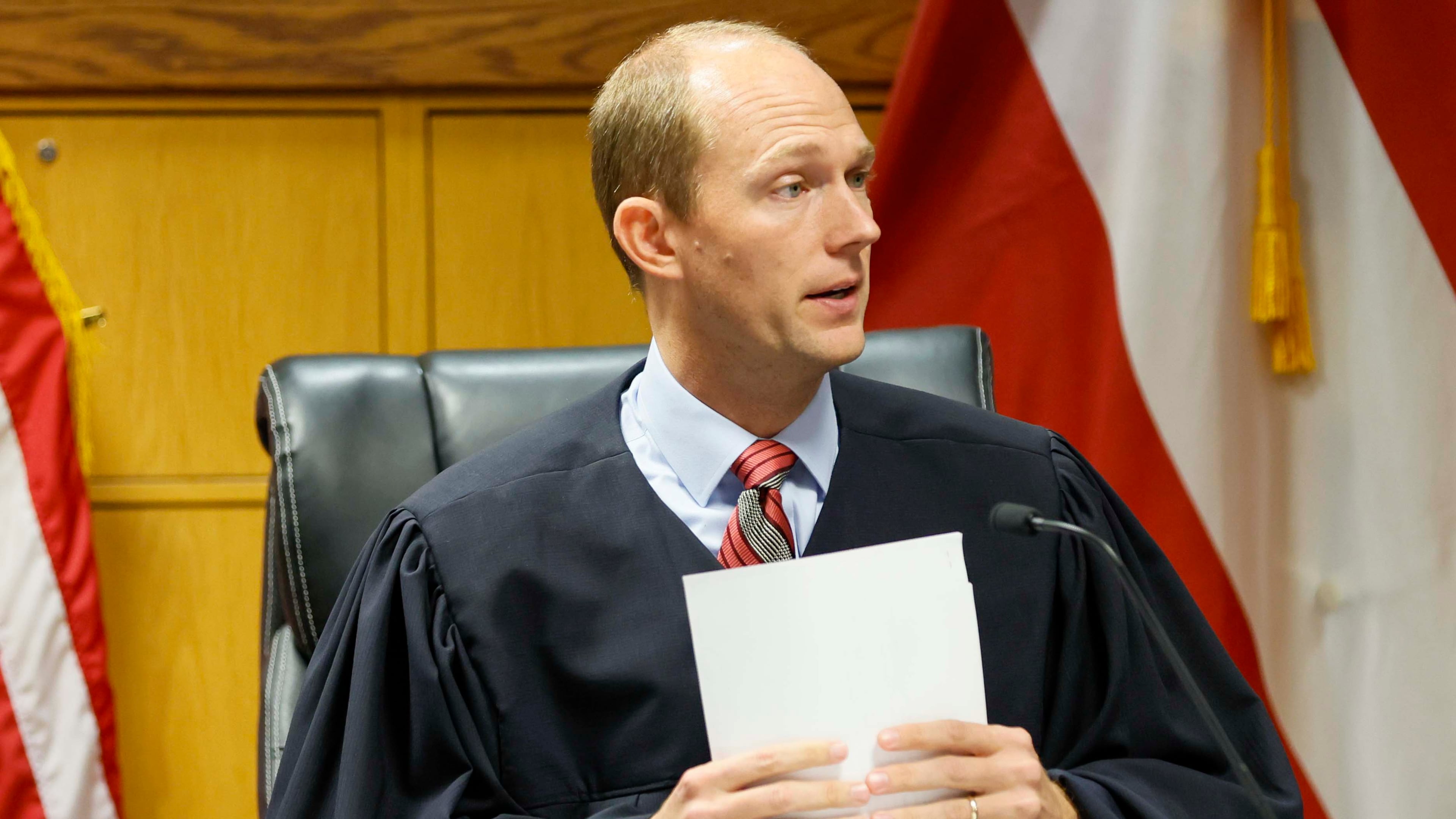 Fulton County Superior Court Judge Scott McAfee presides over the sentencing hearing of former APD officer Koby Minor, who killed Rginald Folks while operating a Lyft vehicle in May 2024. Tuesday, October 7, 2025. (Miguel Martinez/ AJC)