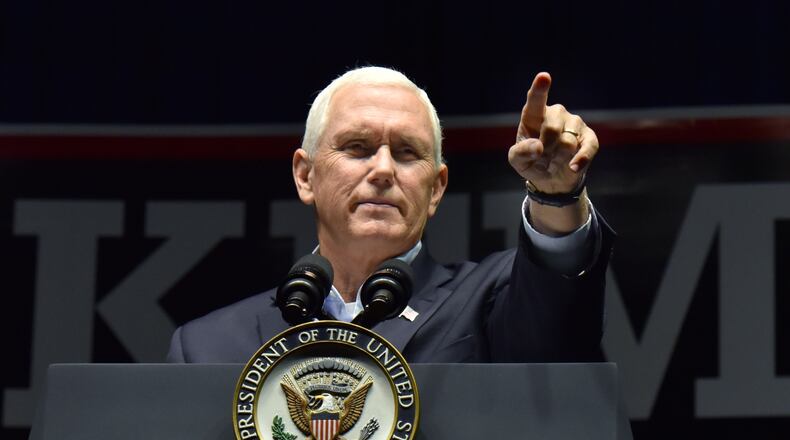 Vice President Mike Pence speaks in support of then-gubernatorial candidate Brian Kemp at the Dalton Convention Center on Nov. 1, 2018. HYOSUB SHIN / HSHIN@AJC.COM