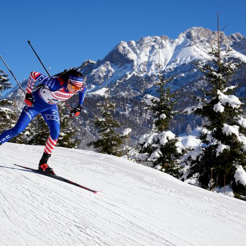 FILE - Lucinda Anderson, of the United States, competes in the women's 7.5 km sprint competition at the Biathlon World Cup in Hochfilzen, Austria, Dec. 13, 2024. (AP Photo/Matthias Schrader, File)