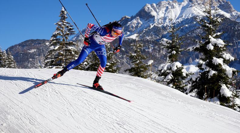 FILE - Lucinda Anderson, of the United States, competes in the women's 7.5 km sprint competition at the Biathlon World Cup in Hochfilzen, Austria, Dec. 13, 2024. (AP Photo/Matthias Schrader, File)