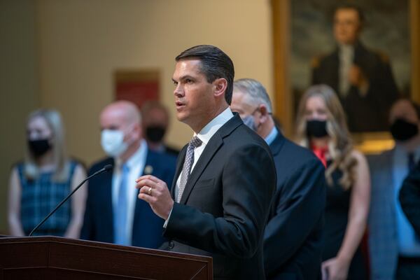 03/22/2021 —Atlanta, Georgia — Lt. Gov. Geoff Duncan speaks during a presser held by Gov. Brian Kemp at the Georgia State Capitol in Atlanta, Monday, March 22, 2021. (Alyssa Pointer / Alyssa.Pointer@ajc.com)