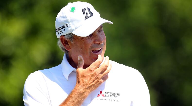 Fred Couples reacts to missing his birdie putt on #1 during the third round of the Masters Tournament Saturday, April 12, 2014, at Augusta National Golf Club.