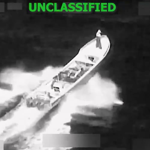 FILE - This image from video provided by U.S. South Command, shows a vessel accused of trafficking drugs in the eastern Pacific Ocean shortly before it was destroyed by the U.S. military, killing two and injuring one, on Jan. 23, 2026. (U.S. Southern Command via AP, File)