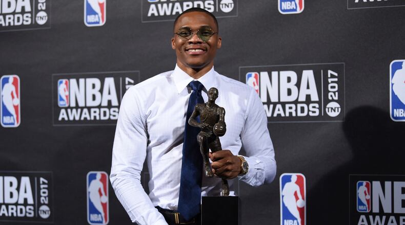 Kia NBA Most Valuable Player, Best Style & Game Winner Award winner, Russell Westbrook, poses in the press room at the 2017 NBA Awards at Basketball City at Pier 36 on Monday, June 26, 2017, in New York. (Photo by Evan Agostini/Invision/AP)