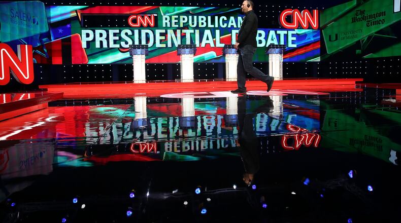 CORAL GABLES, FL - MARCH 10: The stage is prepared for the CNN, Salem Media Group, The Washington Times Republican Presidential Primary Debate which will feature the four remaining Republican candidates, Sen. Marco Rubio (R-FL), Donald Trump, Sen. Ted Cruz (R-TX), and Ohio Gov. John Kasich on the University of Miami on March 10, 2016 in Coral Gables, Florida. The candidates continue to campaign before the March 15th Florida primary. (Photo by Joe Raedle/Getty Images)