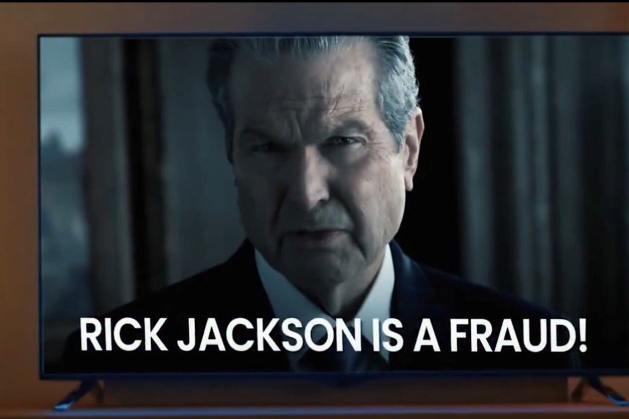 An attack ad from Lt. Gov. Burt Jones against Rick Jackson is one of a deluge of negative advertising in the GOP primary for Georgia governor. April 10, 2026. (Screenshot)