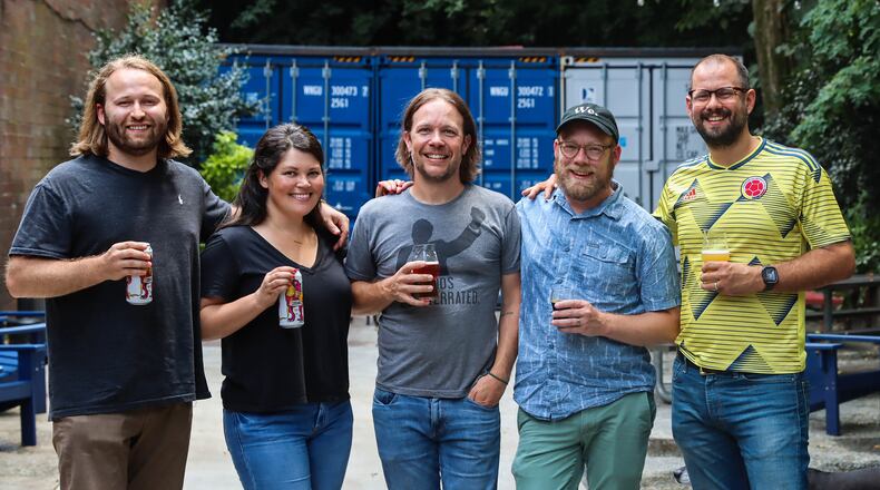 Keeping Monday Night Brewing successful a decade later are (from left to right) brewmaster Peter Kiley, COO Rachel Kiley, CEO Jeff Heck, founder Jonathan Baker, CPO Joel Iverson.
(Courtesy of Ali Lamoureux / Monday Night Brewing)