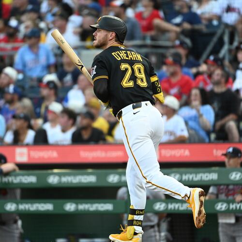 The Pittsburgh Pirates' Ryan O'Hearn (29) watches as his three-run home run off Atlanta Braves starting pitcher Hurston Waldrep clears the wall during the third inning of an MLB game, Tuesday, July 7, 2026, in Pittsburgh. (AP Photo/Philip G. Pavely)