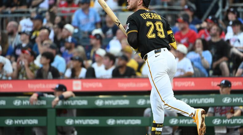 The Pittsburgh Pirates' Ryan O'Hearn (29) watches as his three-run home run off Atlanta Braves starting pitcher Hurston Waldrep clears the wall during the third inning of an MLB game, Tuesday, July 7, 2026, in Pittsburgh. (AP Photo/Philip G. Pavely)
