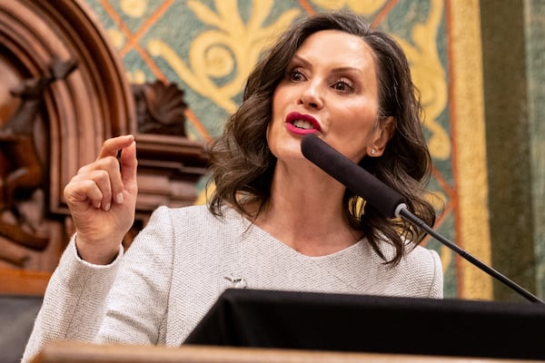 Michigan Gov. Gretchen Whitmer delivers the State of the State address at the state Capitol in Lansing earlier this year. (Devin Anderson-Torrez/Kalamazoo Gazette via AP)