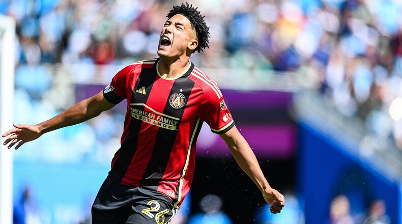 Atlanta United defender Caleb Wiley celebrates after scoring during the first half of the match against Charlotte FC at Bank of America Stadium in Charlotte, NC on Saturday March 11, 2023. (Photo by Mitchell Martin/Atlanta United)