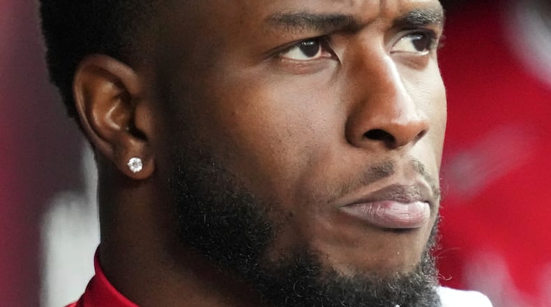 FILE - Tim Anderson, with Los Angeles Angels, looks to the field during the ninth inning of an opening-day baseball game against the Chicago White Sox in Chicago, March 27, 2025. (AP Photo/Nam Y. Huh, File)