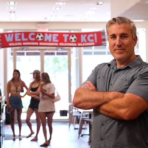 Made in Kansas City owner Keith Bradley has seen an influx of customers for his business as soccer fans have flocked to the city which is hosting FIFA World Cup soccer games Monday, June 29, 2026, in Kansas City, Kan. (AP Photo/Charlie Riedel)