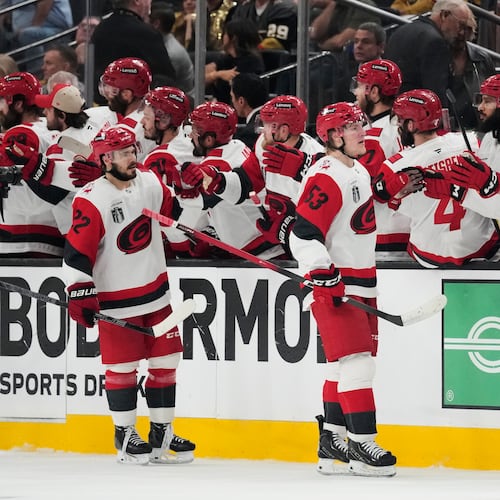 Carolina Hurricanes right wing Jackson Blake (53) celebrates his goal with teammates during the second period in Game 6 of the NHL hockey Stanley Cup Final series against the Vegas Golden Knights, Sunday, June 14, 2026, in Las Vegas. (AP Photo/John Locher)