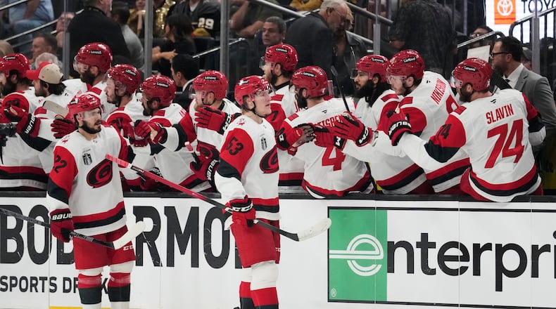 Carolina Hurricanes right wing Jackson Blake (53) celebrates his goal with teammates during the second period in Game 6 of the NHL hockey Stanley Cup Final series against the Vegas Golden Knights, Sunday, June 14, 2026, in Las Vegas. (AP Photo/John Locher)
