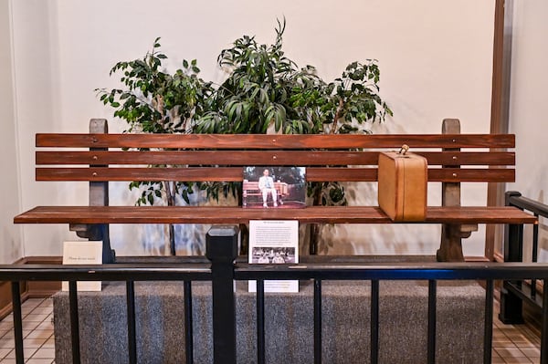 The bench from the movie “Forrest Gump” inside the Savannah History Museum in downtown Savannah, Ga. (Sarah Peacock for the AJC)