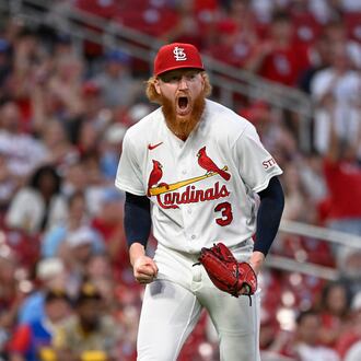 St. Louis Cardinals starting pitcher Dustin May celebrates after San Diego Padres' Gavin Sheets grounded into a double play to end the top of the seventh inning of a baseball game, Monday, June 15, 2026, in St. Louis. (AP Photo/Joe Puetz)