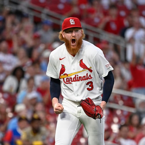 St. Louis Cardinals starting pitcher Dustin May celebrates after San Diego Padres' Gavin Sheets grounded into a double play to end the top of the seventh inning of a baseball game, Monday, June 15, 2026, in St. Louis. (AP Photo/Joe Puetz)