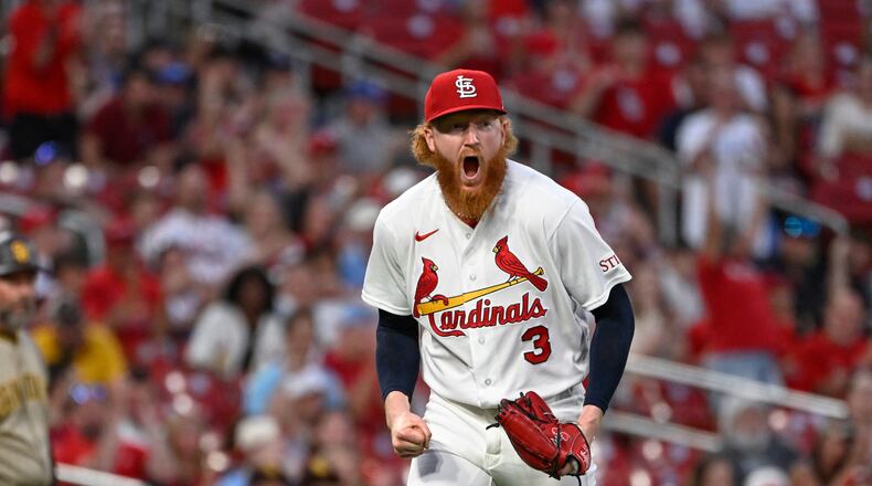 St. Louis Cardinals starting pitcher Dustin May celebrates after San Diego Padres' Gavin Sheets grounded into a double play to end the top of the seventh inning of a baseball game, Monday, June 15, 2026, in St. Louis. (AP Photo/Joe Puetz)