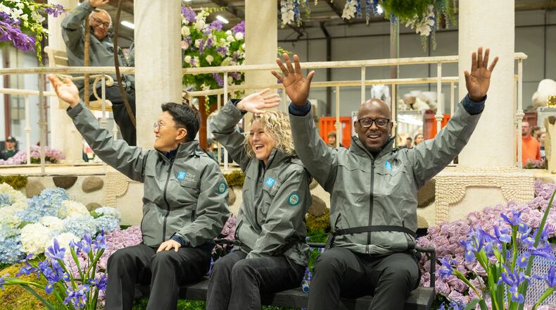 City of Hope chose Tyler Blue (right) to represent the cancer center on its Rose Parade float on New Year's Day. Also pictured, from left, are Dr. Beomjune Kim, one of Tyler's doctors from City of Hope Atlanta, and Jodi Cruz, a patient from City of Hope Duarte in Los Angeles. (City of Hope Cancer Center Atlanta)