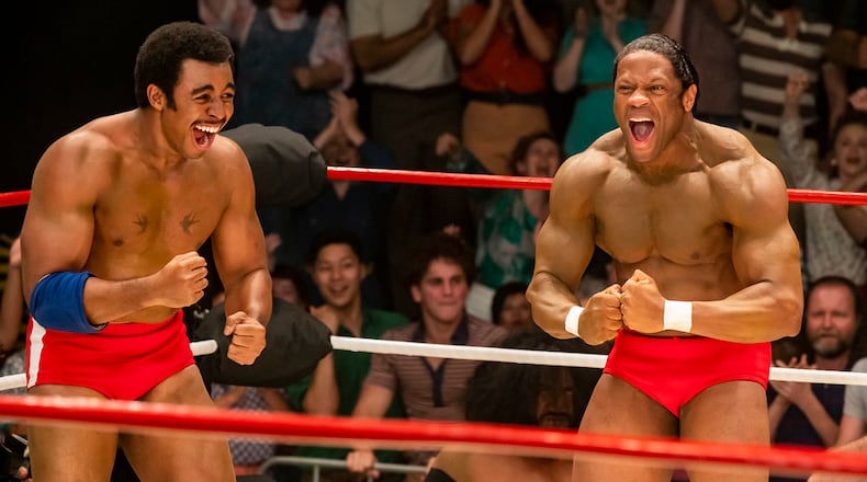 YOUNG ROCK -- "Unprecedented Fatherhood" Episode 201 -- Pictured: (l-r) Joseph Lee Anderson as Rocky Johnson, Antuone Torbert as Tony Atlas -- (Photo by: Mark Taylor/NBC)