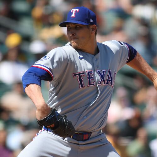Texas Rangers pitcher Robert Garcia throws to an Athletics batter during the sixth inning of a baseball game Thursday, April 16, 2026, in West Sacramento, Calif. (AP Photo/Scott Marshall)