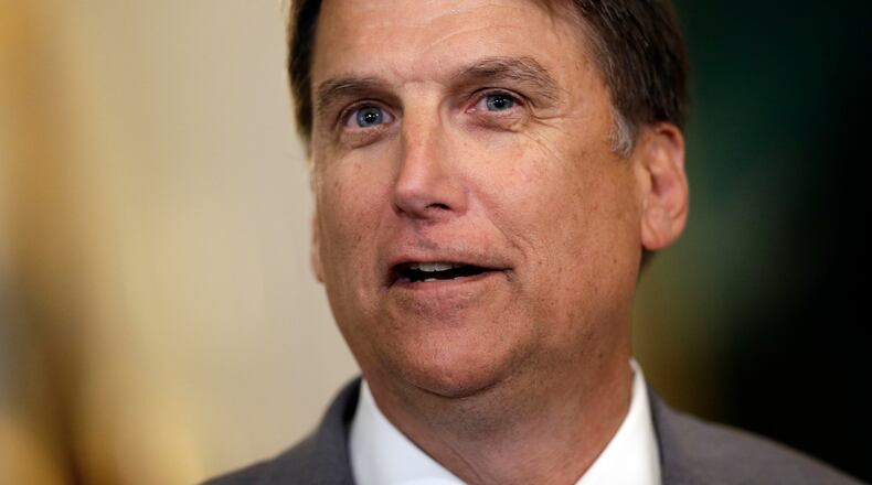 Gov. Pat McCrory speaks during a news conference in Raleigh, N.C., on May 9, 2016. McCrory's administration sued the federal government Monday in a fight for a state law that requires transgender people to use the public restroom matching the sex on their birth certificate.