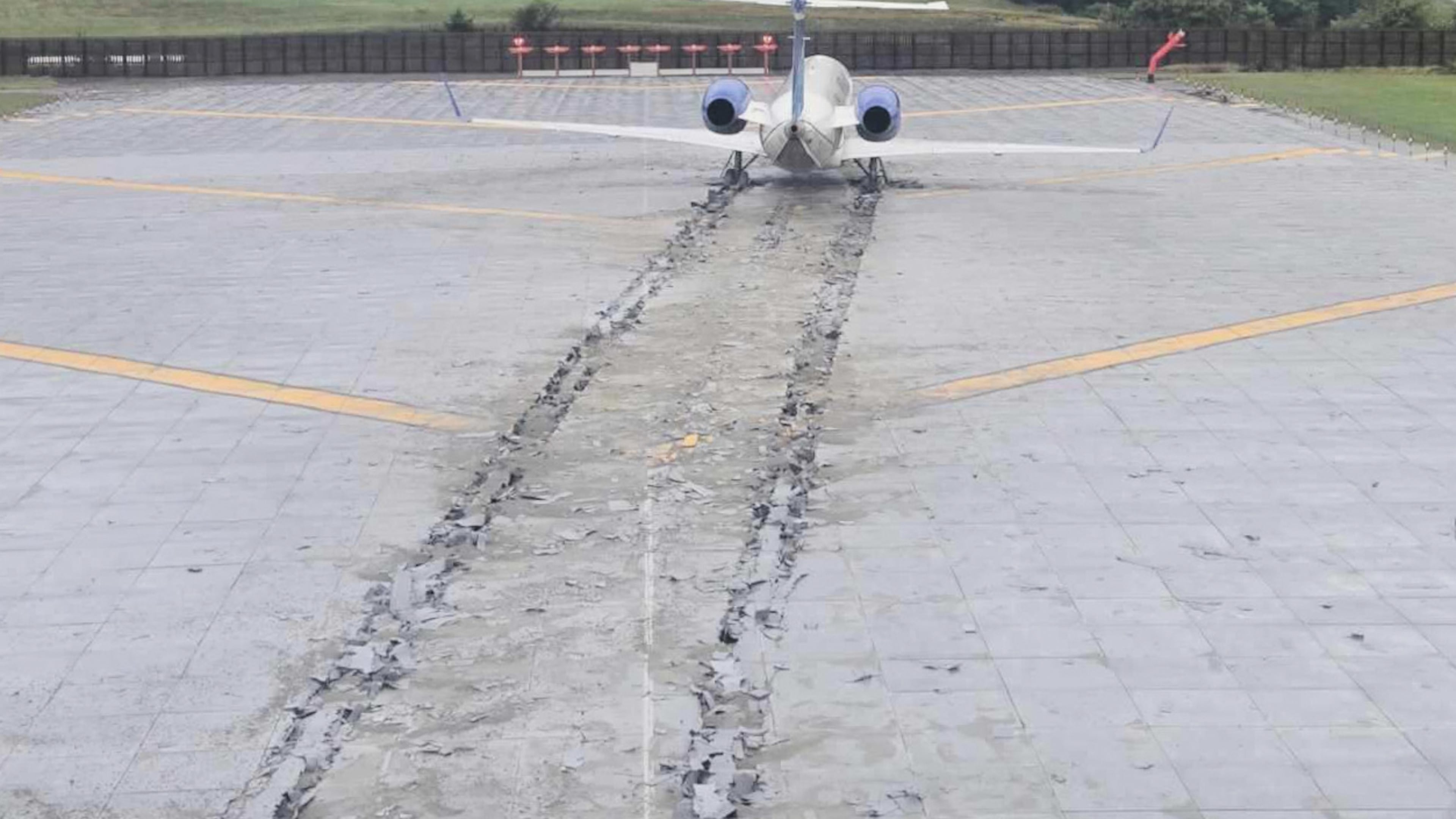 This photo provided by the Roanoke-Blacksburg Airport shows CommuteAir Flight 4339, which was safely stopped by an engineered materials arresting system bed at the end of a runway at Roanoke-Blacksburg Regional Airport, on Thursday, Sept. 25, 2025, in Roanoke, Va. (Roanoke-Blacksburg Airport via AP)