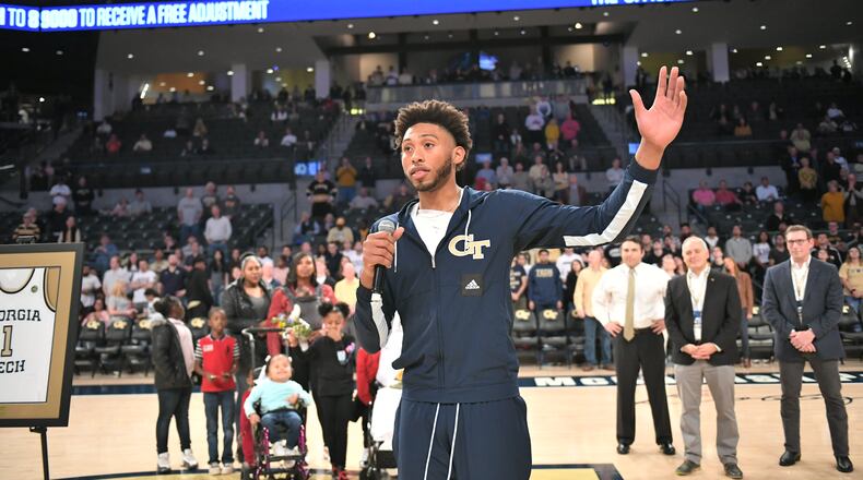 Georgia Tech center James Banks addresses the McCamish Pavilion crowd on the team's senior night March 5, 2020. (Danny Karnik/Georgia Tech Athletics)