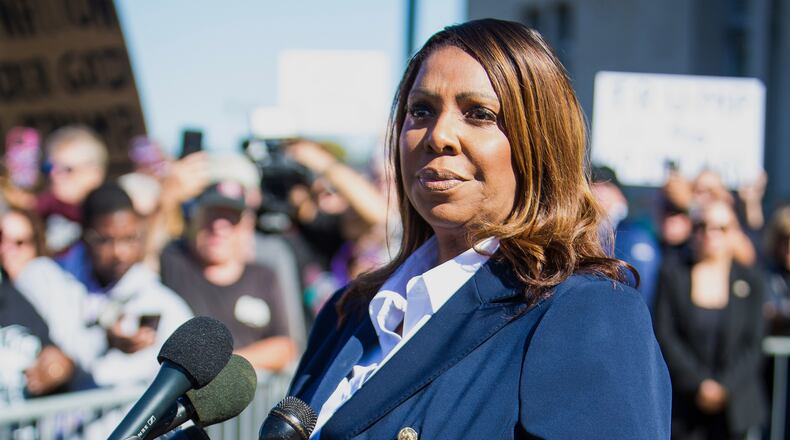 FILE - New York Attorney General, Letitia James, speaks after pleading not guilty outside the United States District Court on Friday, Oct. 24, 2025, in Norfolk, Va. (AP Photo/John Clark,File)