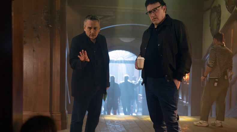 This image released by Marvel shows directors Joe Russo, left, and Anthony Russo on the set of "Avengers: Doomsday." (Paul Abell/Marvel-Disney via AP)