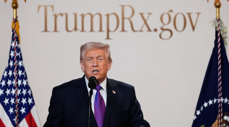FILE - President Donald Trump speaks about TrumpRx in the South Court Auditorium in the Old Eisenhower Executive Office Building on the White House campus, Feb. 5, 2026, in Washington. (AP Photo/Alex Brandon, File)