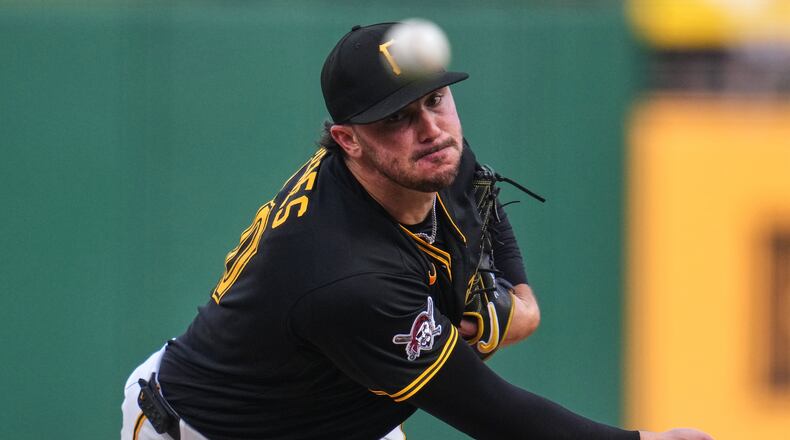 Pittsburgh Pirates pitcher Paul Skenes delivers during the second inning of a baseball game against the Los Angeles Dodgers in Pittsburgh, Tuesday, June 9, 2026. (AP Photo/Gene J. Puskar)