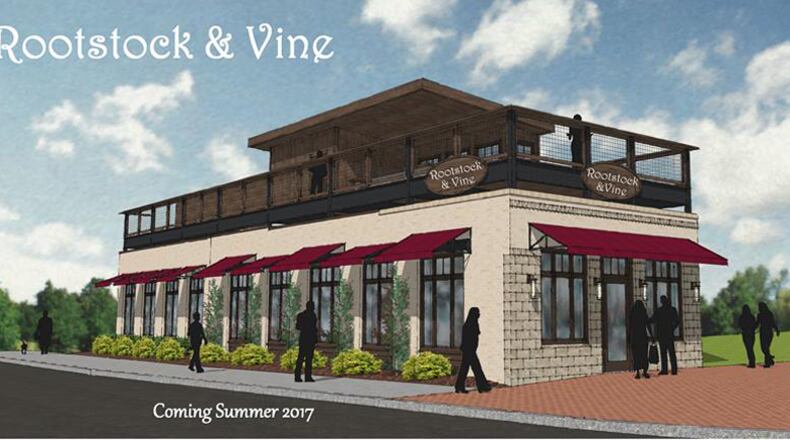 Artist’s rendering depicts “Rootstock & Vine,” a wine-and-dessert bar to occupy the former Hot Dog Heaven building in downtown Woodstock. VINTNER’S ENTERTAINMENT GROUP LLC