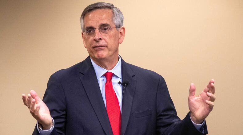 Georgia Secretary of State Brad Raffensperger speaks to the DeKalb Chamber of Commerce in Tucker on July 19, 2023. (Katelyn Myrick/The Atlanta Journal-Constitution/TNS)