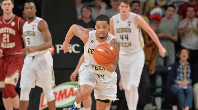 February 11, 2017 Atlanta - Georgia Tech’s guard Tadric Jackson (1) brings the ball upcourt in a basketball game at McCamish Pavilion on Saturday, February 11, 2017. Georgia Tech won 65 - 54 over the Boston College. HYOSUB SHIN / HSHIN@AJC.COM