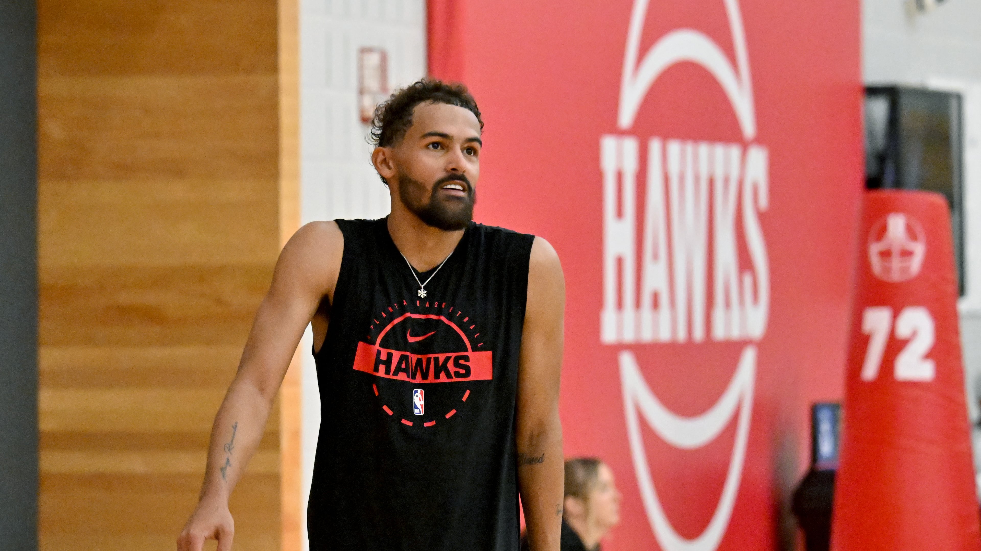 Atlanta Hawks guard Trae Young shows up for the first day of training camp at the team’s practice facility at the Emory Sports Medicine Complex, Tuesday, Sept. 30, 2025, in Atlanta. (Hyosub Shin/AJC)