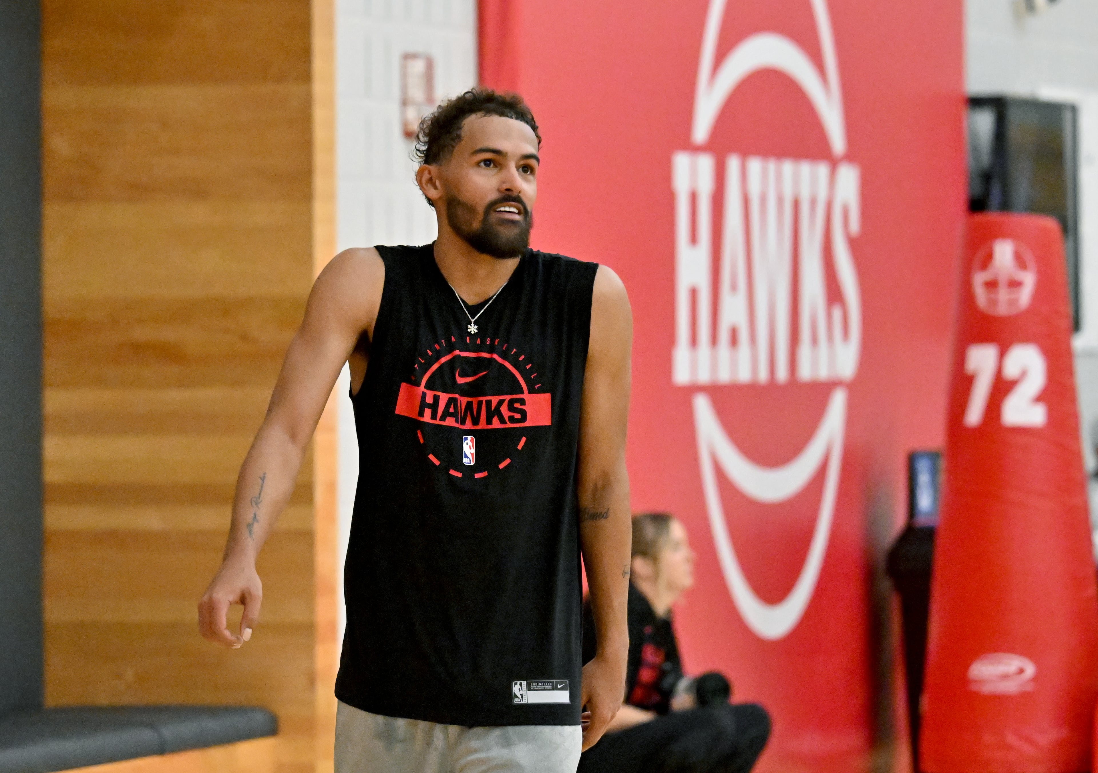 Hawks guard Trae Young attends the first day of training camp at the team’s practice facility on Tuesday, Sept. 30, 2025, in Brookhaven. (Hyosub Shin/AJC)