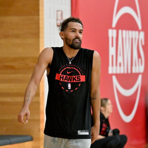 Atlanta Hawks guard Trae Young shows up for the first day of training camp at the team’s practice facility at the Emory Sports Medicine Complex, Tuesday, Sept. 30, 2025, in Atlanta. (Hyosub Shin/AJC)