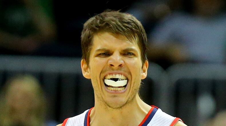 Kyle Korver reacts after he led the Hawks with 24 points in a 109-105 win over the Celtics Tuesday. CURTIS COMPTON / CCOMPTON@AJC.COM