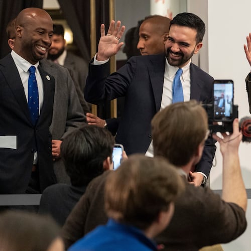 FILE - New York Mayor Zohran Mamdani and New York Governor Kathy Hochul arrive at a press conference at Sugar Hill Children's Museum of Art & Storytelling, March 3, 2026, in New York. (AP Photo/Yuki Iwamura, File)