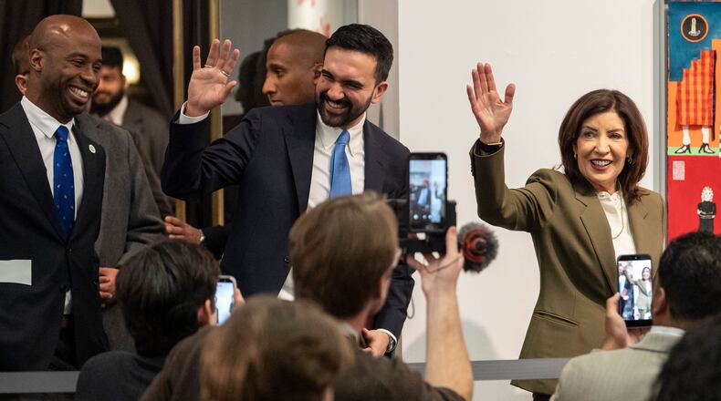 FILE - New York Mayor Zohran Mamdani and New York Governor Kathy Hochul arrive at a press conference at Sugar Hill Children's Museum of Art & Storytelling, March 3, 2026, in New York. (AP Photo/Yuki Iwamura, File)